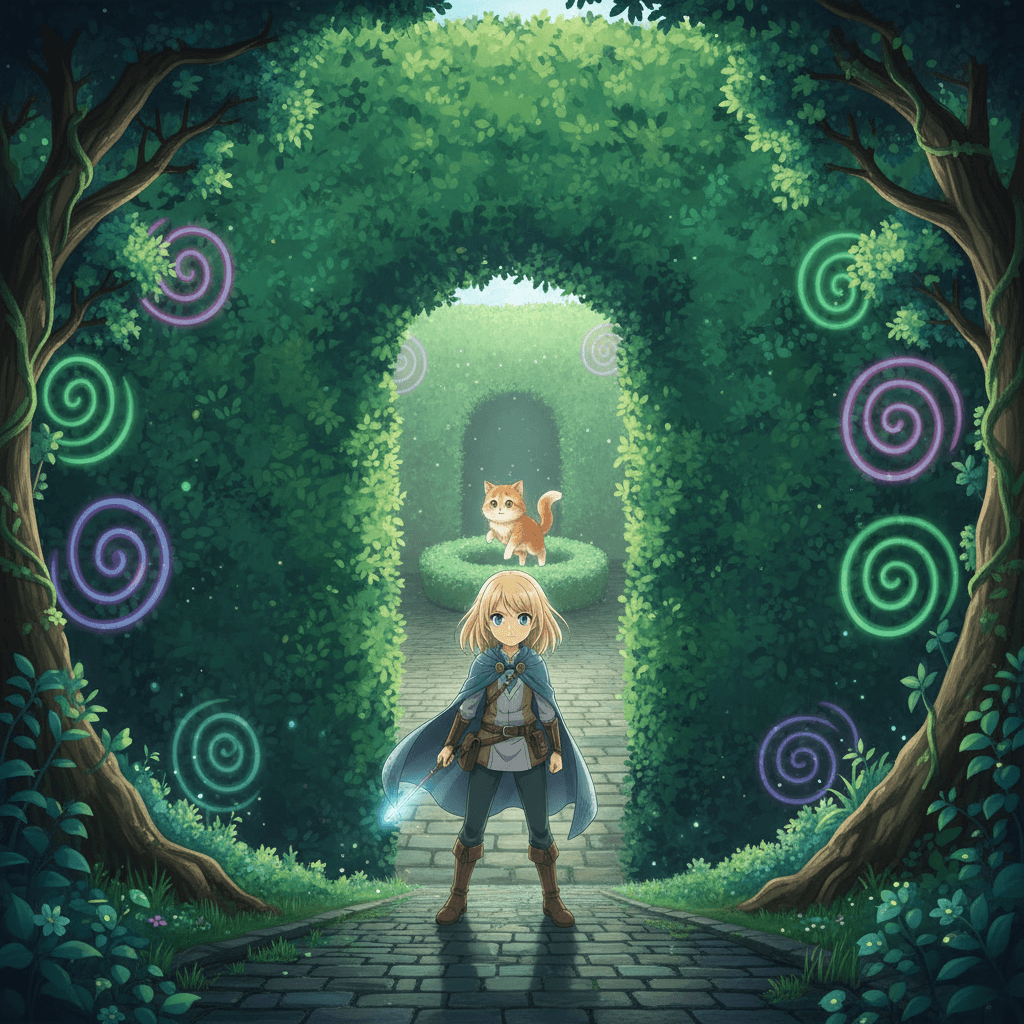 Lina continued on, but soon reached a dead end - a tall, thick hedge blocked her path. Just as she was about to turn back, the hedge suddenly parted, revealing a doorway. And there, sitting on the other side, was Lina's cat! She must be getting close to the center of the maze.