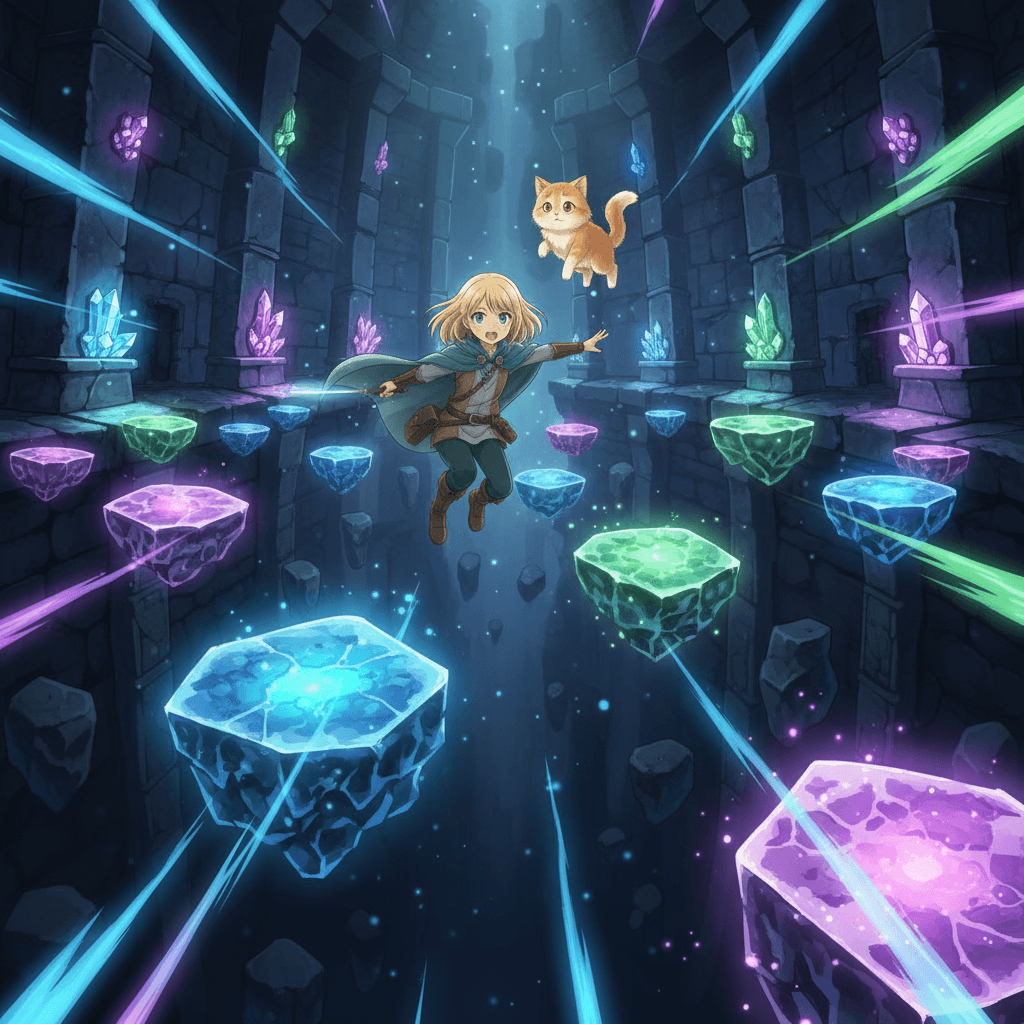 As Lina walked down the left path, the maze opened up into a vast chamber. Strange platforms floated in the air, glowing with magical energy. Lina knew she had to be careful as she jumped from one platform to the next, trying not to lose her balance or fall into the darkness below.