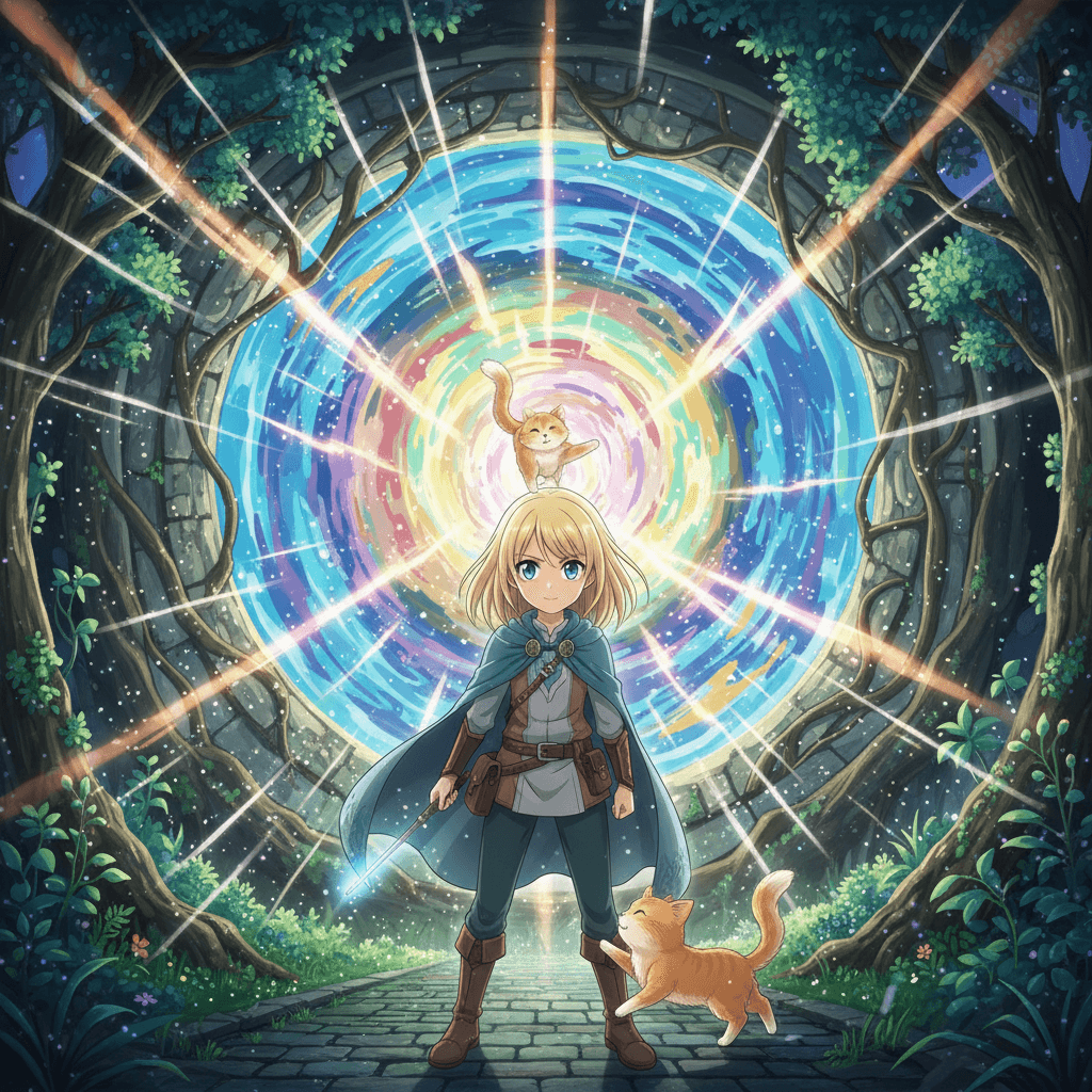 Lina focused all her magical energy into her wand and unleashed a dazzling spell. The chamber filled with a blinding, swirling light that enveloped the cat on the pedestal. When the light faded, Lina's cat was free! The cat bounded over to Lina, meowing joyfully, and Lina hugged her tightly.