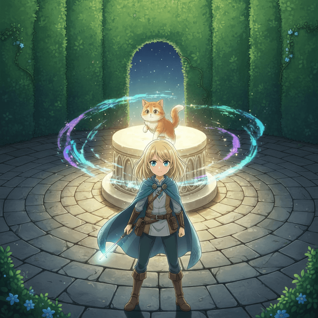 Lina hurried through the hedge doorway and found herself in a vast, circular chamber - the center of the maze. There, on a glowing pedestal in the middle of the room, sat Lina's cat. She gripped her wand tightly, ready to use her magic to free her beloved pet.