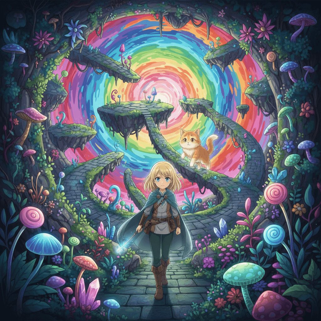 Lina took a deep breath and stepped into the magical maze. The colorful, twisting paths ahead of her seemed to shimmer and change, as if the maze itself was alive. She gripped her wand tightly and began her search for her missing cat.