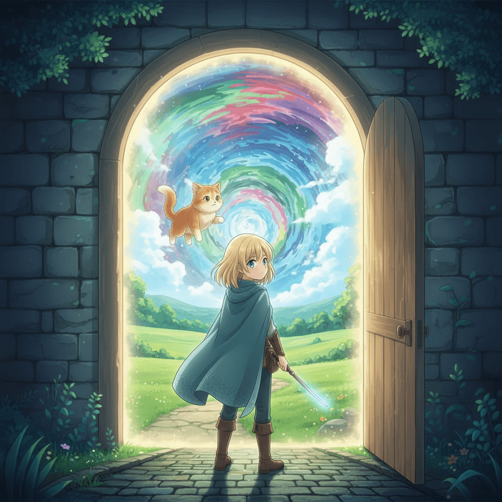 Lina took a deep breath and stepped through the glowing doorway, her cat safely by her side. As she emerged from the maze, the shifting, colorful walls faded behind her. Lina looked back one last time, amazed by the magical adventure she had just experienced. Then she turned and headed home, her cat purring contentedly.