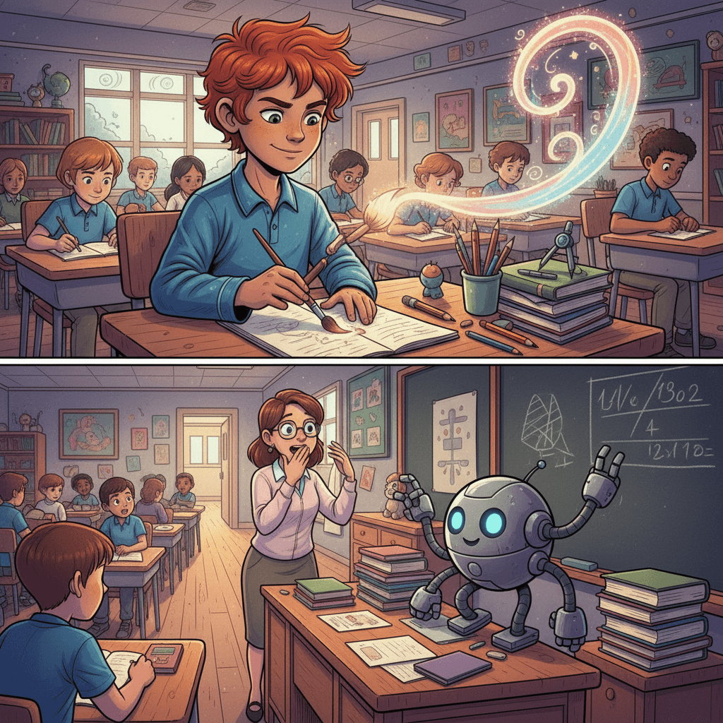 At school, Leo used his magical paintbrush to help his friends. He drew extra school supplies for a classmate who had forgotten theirs. He created a tiny helper robot to assist his teacher during a lesson.