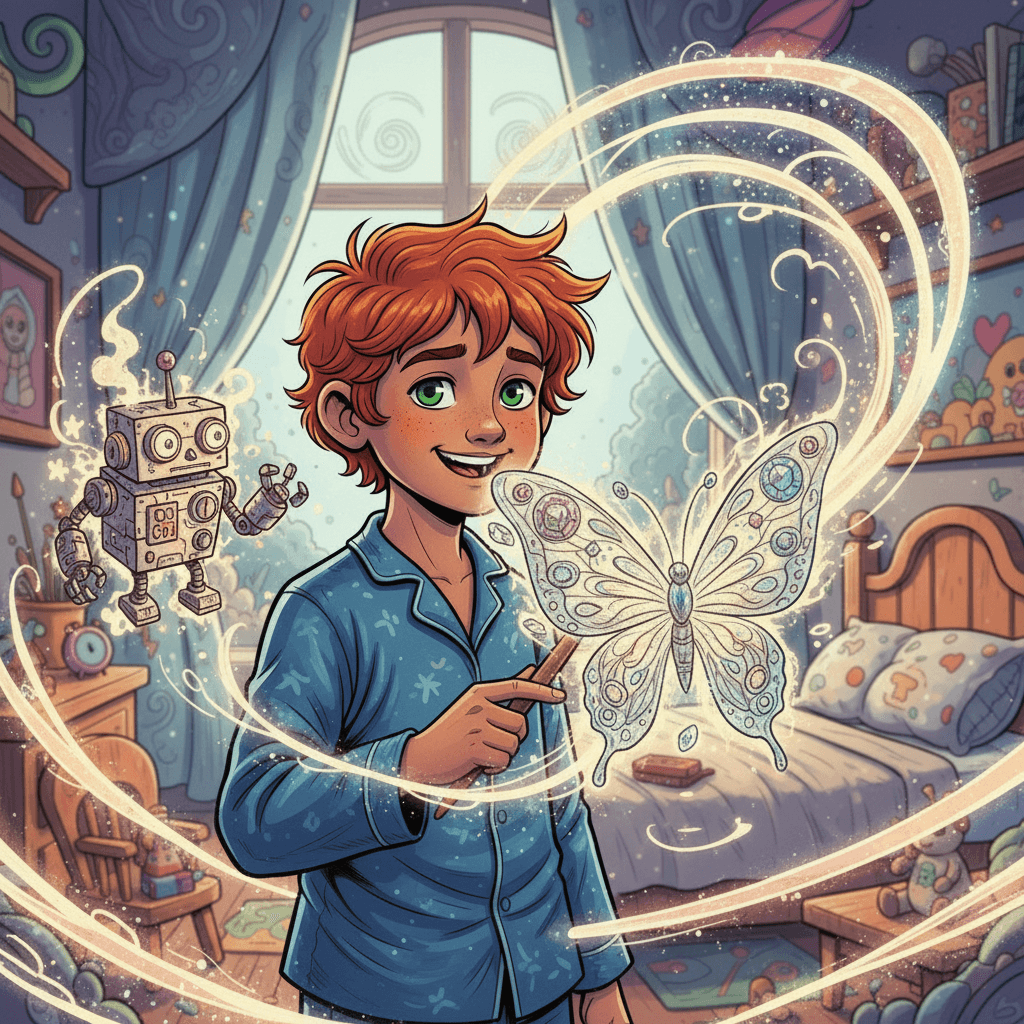 Excited by his discovery, Leo began drawing more things. A colorful butterfly fluttered around his room. A tiny robot walked across his desk. Each drawing came to life with magical energy.