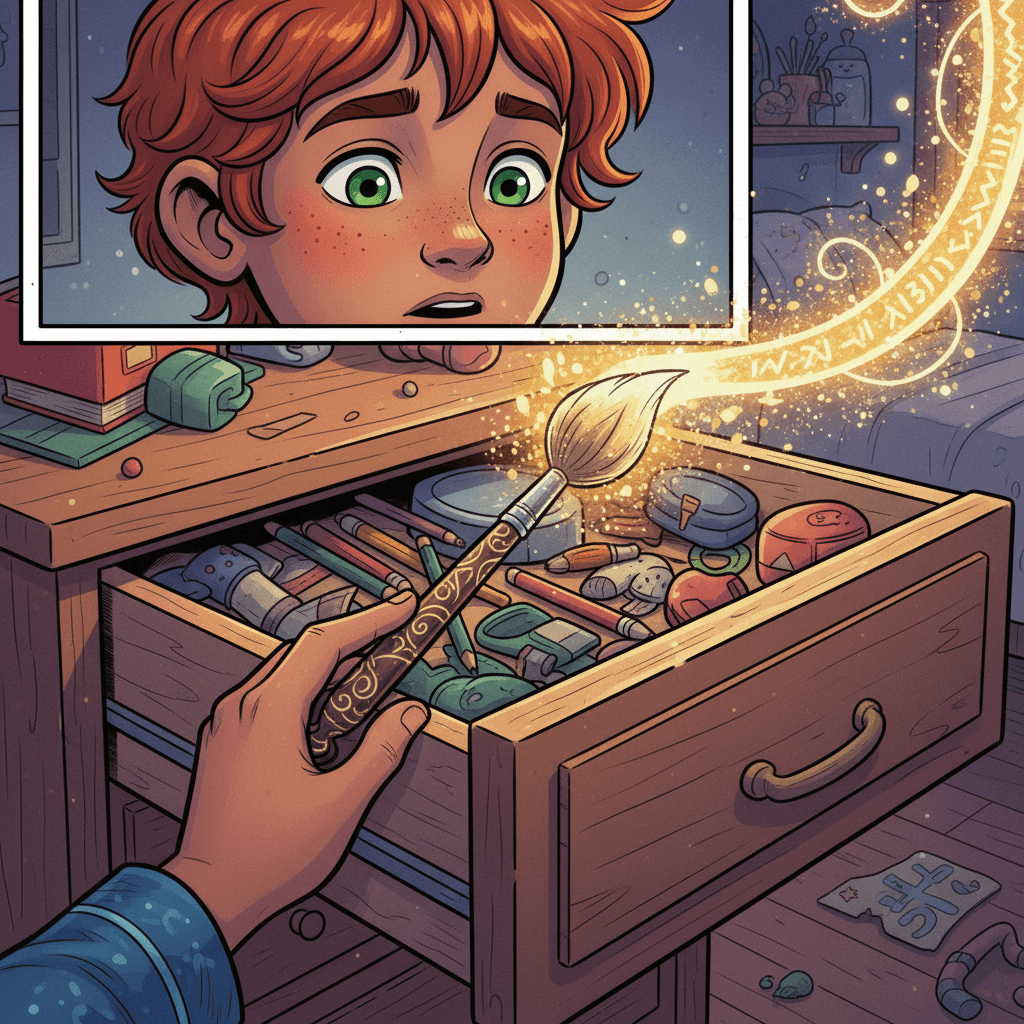 One magical evening, while drawing before bedtime, Leo discovered an old paintbrush hidden in his drawer. The paintbrush sparkled with a strange, golden light when he picked it up. Something felt different about this brush.