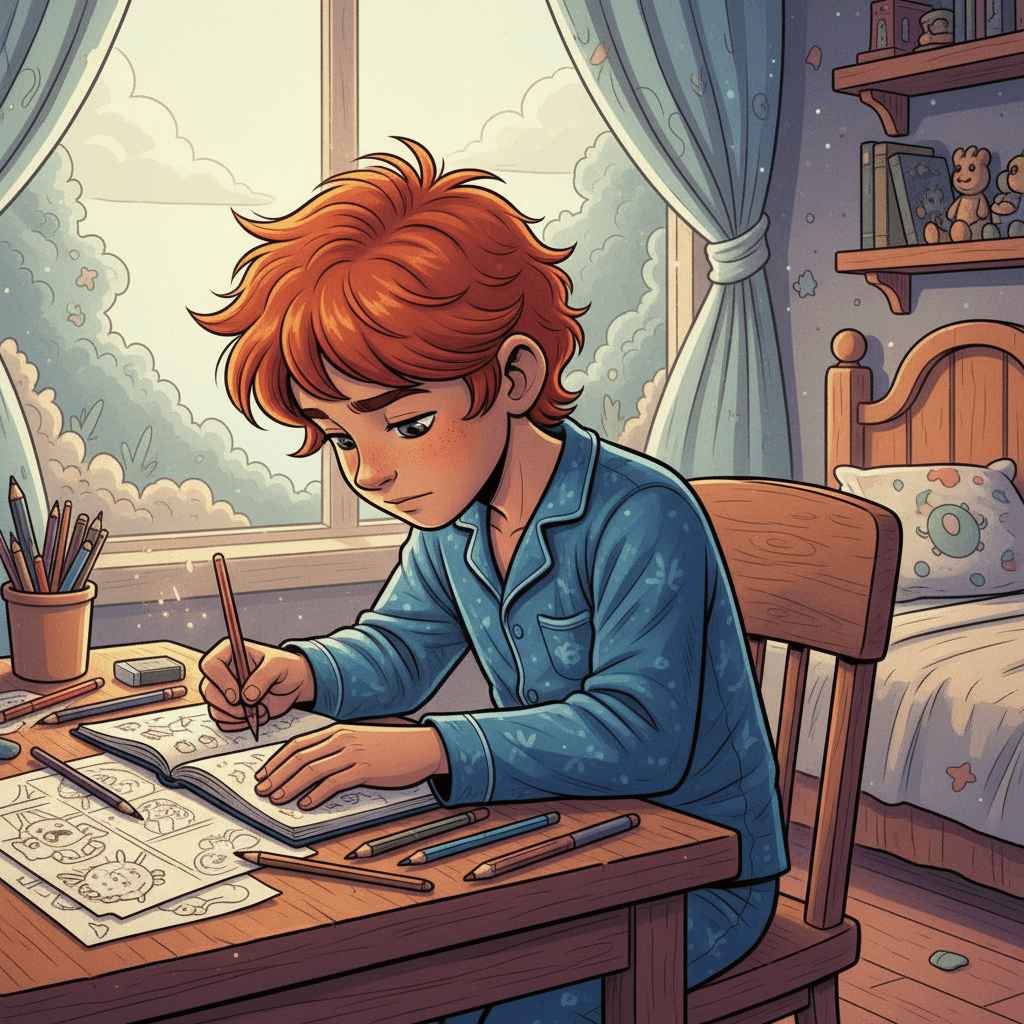 Leo was a quiet boy who loved drawing but rarely showed his artwork to anyone. Every night, he would sit in his room and create magical worlds on paper. His imagination was bigger than his shyness.
