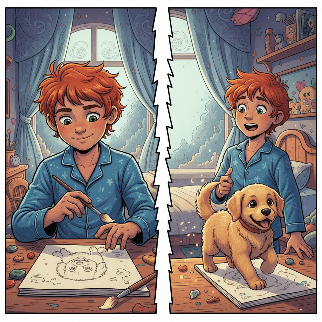 When Leo drew a small puppy on his paper, something incredible happened. The puppy slowly lifted off the page and became a real, playful dog sitting right in his bedroom! Leo gasped in amazement.