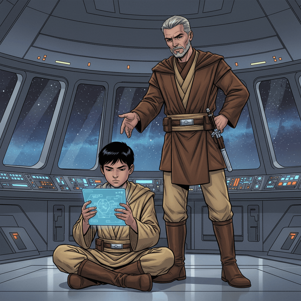 Raphaël was a 13-year-old boy training to become a Jedi knight under the tutelage of Master Adam. Though he was eager to learn, Raphaël sometimes struggled to focus during his lessons, his mind often wandering to dreams of adventure and heroic battles.