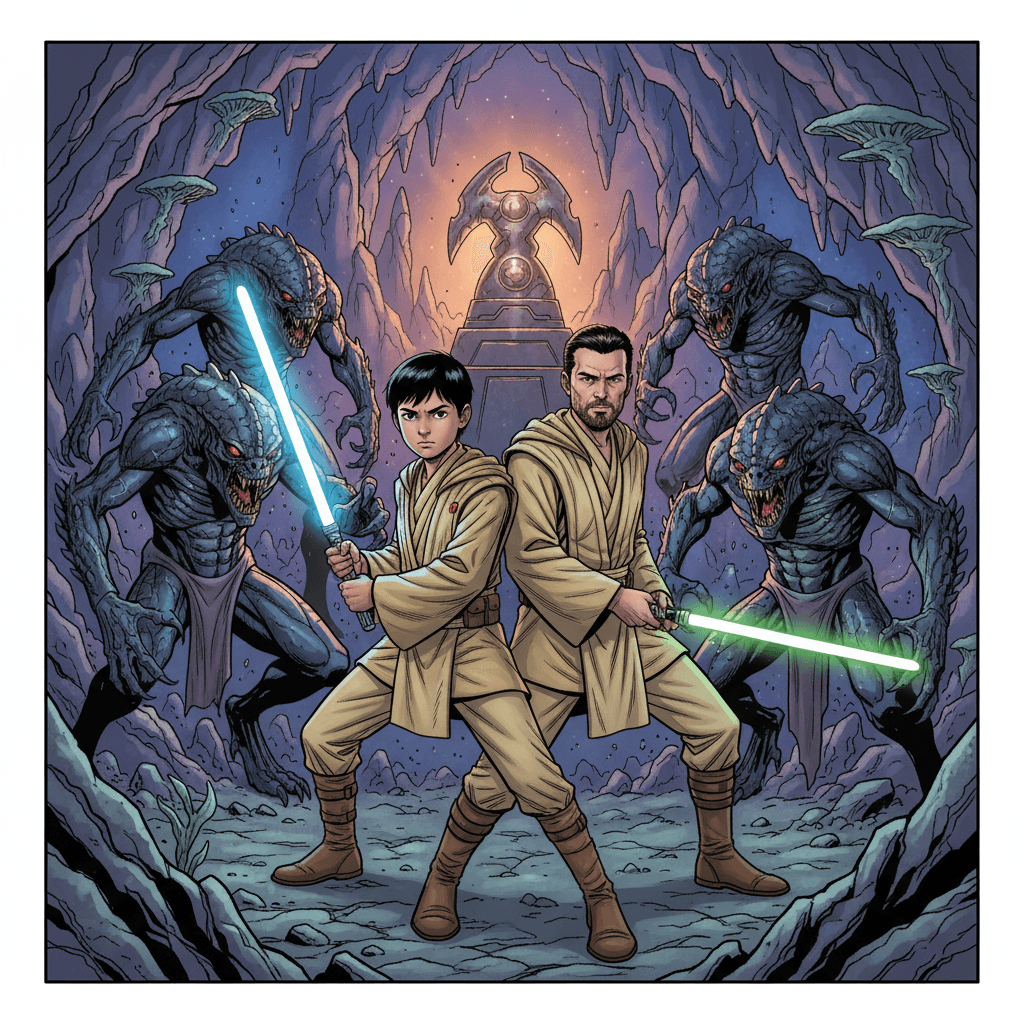 Upon arriving at the planet, Raphaël and Master Adam discovered that a powerful criminal organization had taken control of a valuable Jedi relic. The duo knew they had to retrieve the artifact before it fell into the wrong hands, but first, they would have to fight their way past the alien guards.