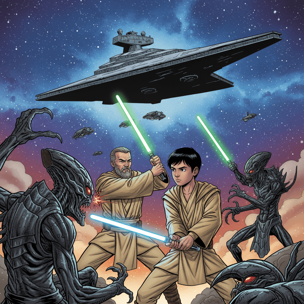 The battle was intense, with Raphaël and Master Adam using their agility and lightsaber skills to fend off the relentless onslaught of the alien guards. Raphaël felt his heart race as he fought alongside his master, determined to prove his worth as a Jedi.