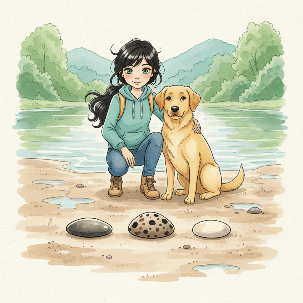 At the bend, Rex stopped and stared at a cluster of stones on the shore. Three stones sat in a line like they were waiting for someone to notice them. Rose crouched beside Rex and whispered, āGood eyes, partner.ā