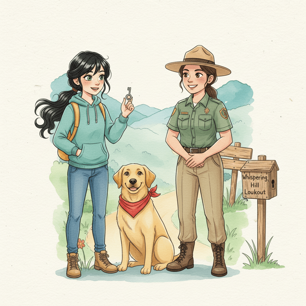 The owl blinked and hopped to a branch, safer now. Just then, a park ranger appeared on the trail and thanked Rose for helping. The ranger pointed to a locked wooden box near a lookout sign and said, āThat key might belong there.ā
