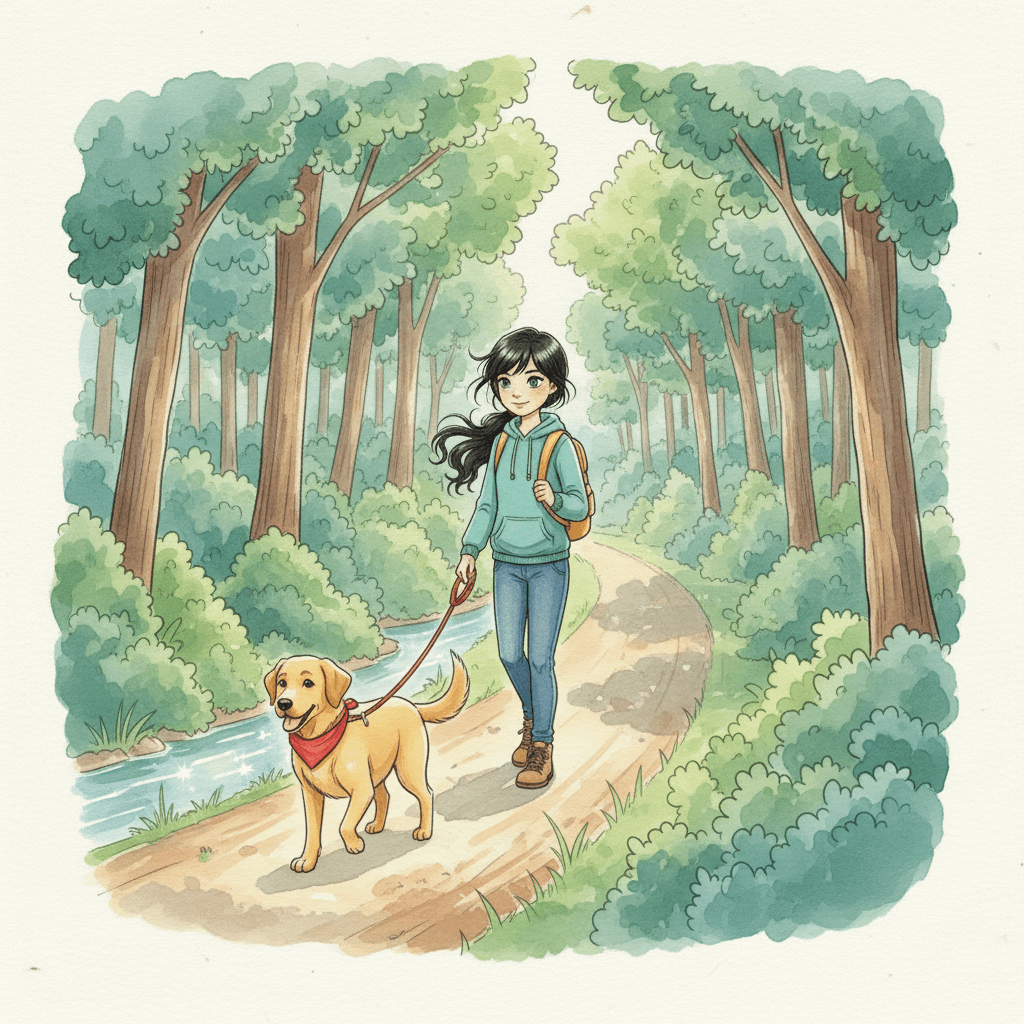 They headed toward the park trail where the creek could be heard before it was seen. The path narrowed, and Rose felt the world get quieter in a comfortable way. Rex walked in front, calm but ready, like a furry compass.