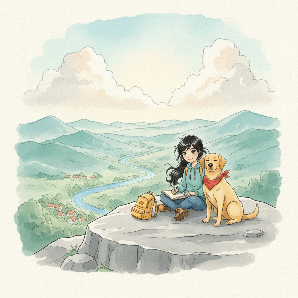 They followed the compass to the top of Whispering Hill, where the trees opened like curtains. The view spread outācreek ribboning below, rooftops far away, and clouds moving slowly like ships. Rose wrote in her notebook, and Rex leaned against her leg, warm and proud.