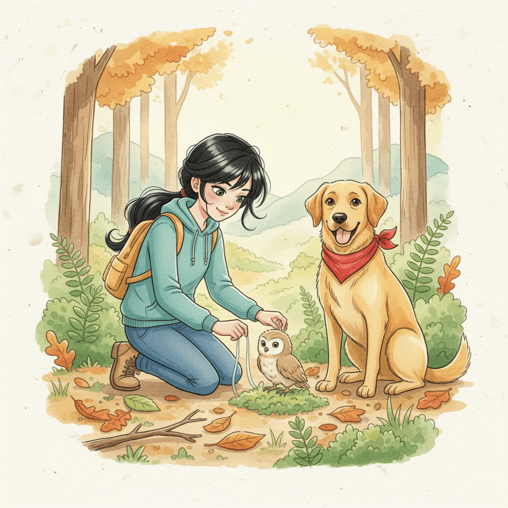 In a low bush, a baby owl was tangled in a loose piece of plastic ribbon. Rose felt her stomach twist, then she took a deep breath to stay calm. She gently freed the ribbon while Rex sat perfectly still, like he understood the rules.