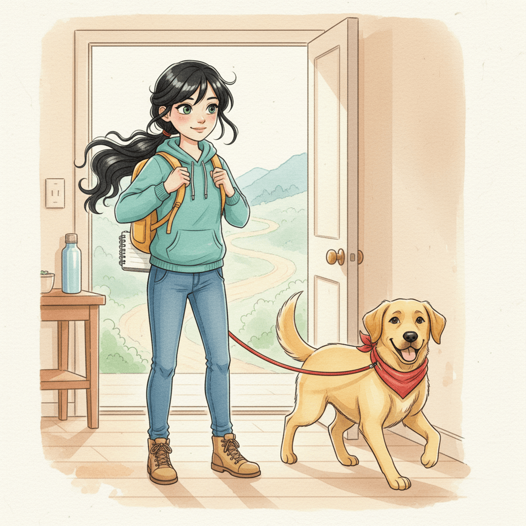 Rose liked being called āRosaā when she felt brave. On Saturday morning, she clipped Rexās red leash and packed a notebook in her yellow backpack. Rex, her golden Labrador, trotted in circles like the day was already cheering for them.