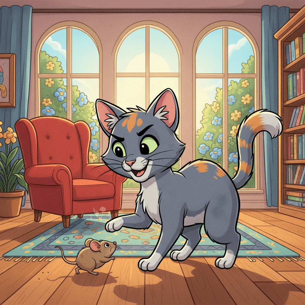 ayla the grey cat plays with a mouse