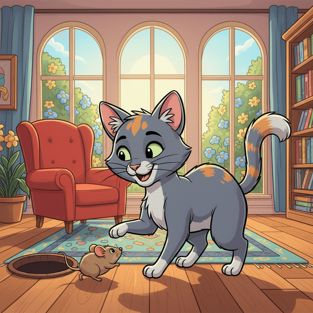ayla the grey cat plays with a mouse