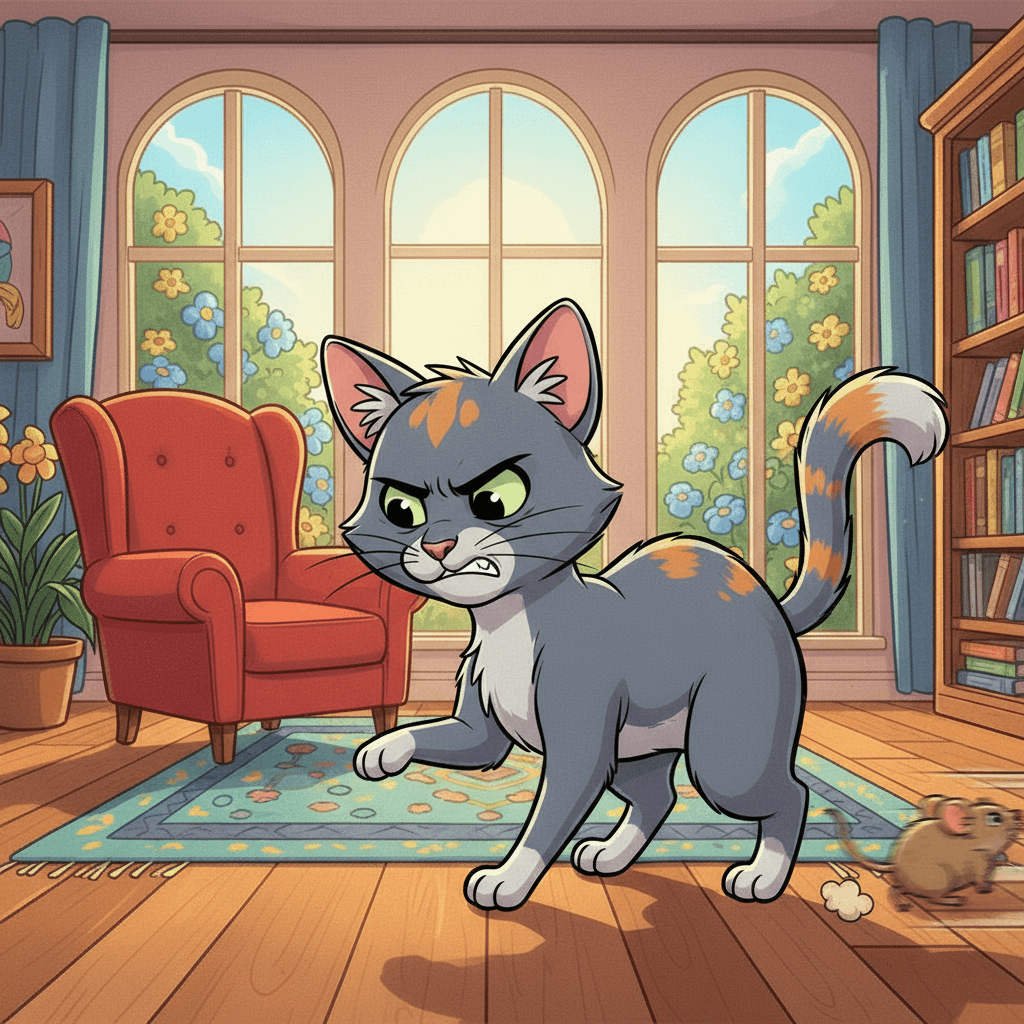 ayla the grey cat plays with a mouse