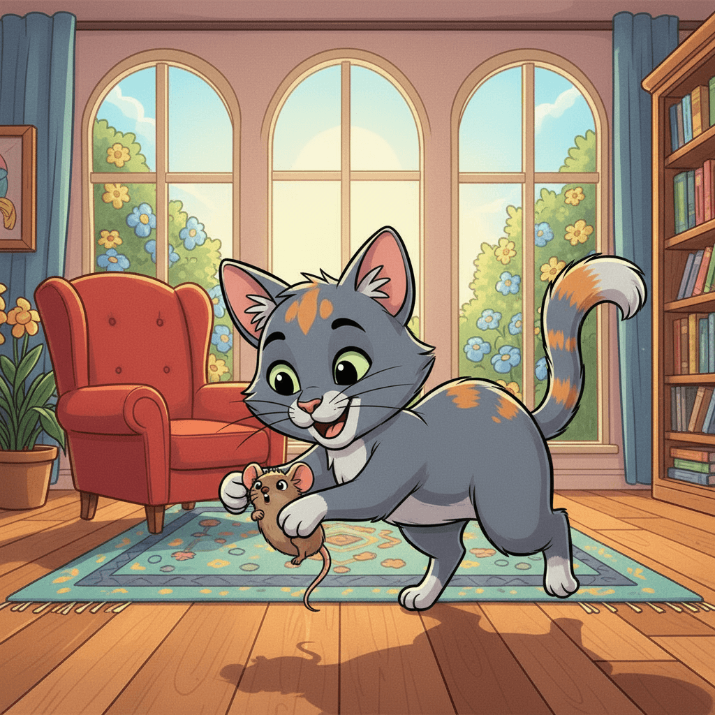 ayla the grey cat plays with a mouse