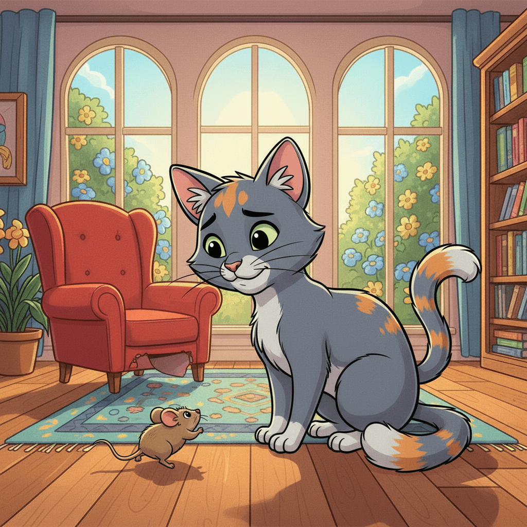 ayla the grey cat plays with a mouse