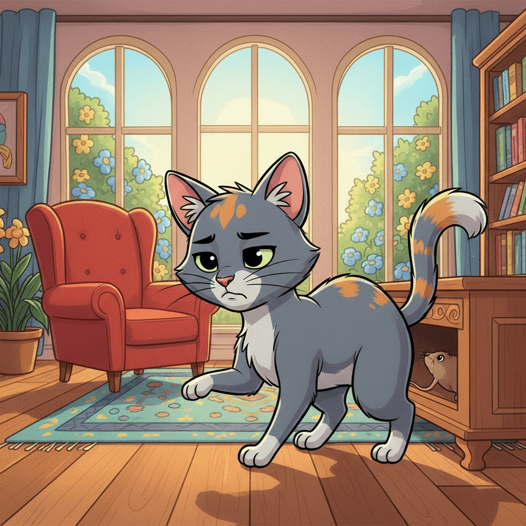 ayla the grey cat plays with a mouse