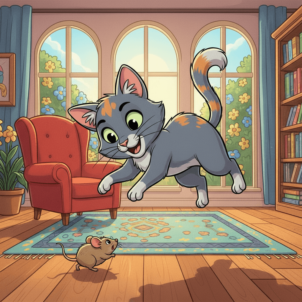ayla the grey cat plays with a mouse