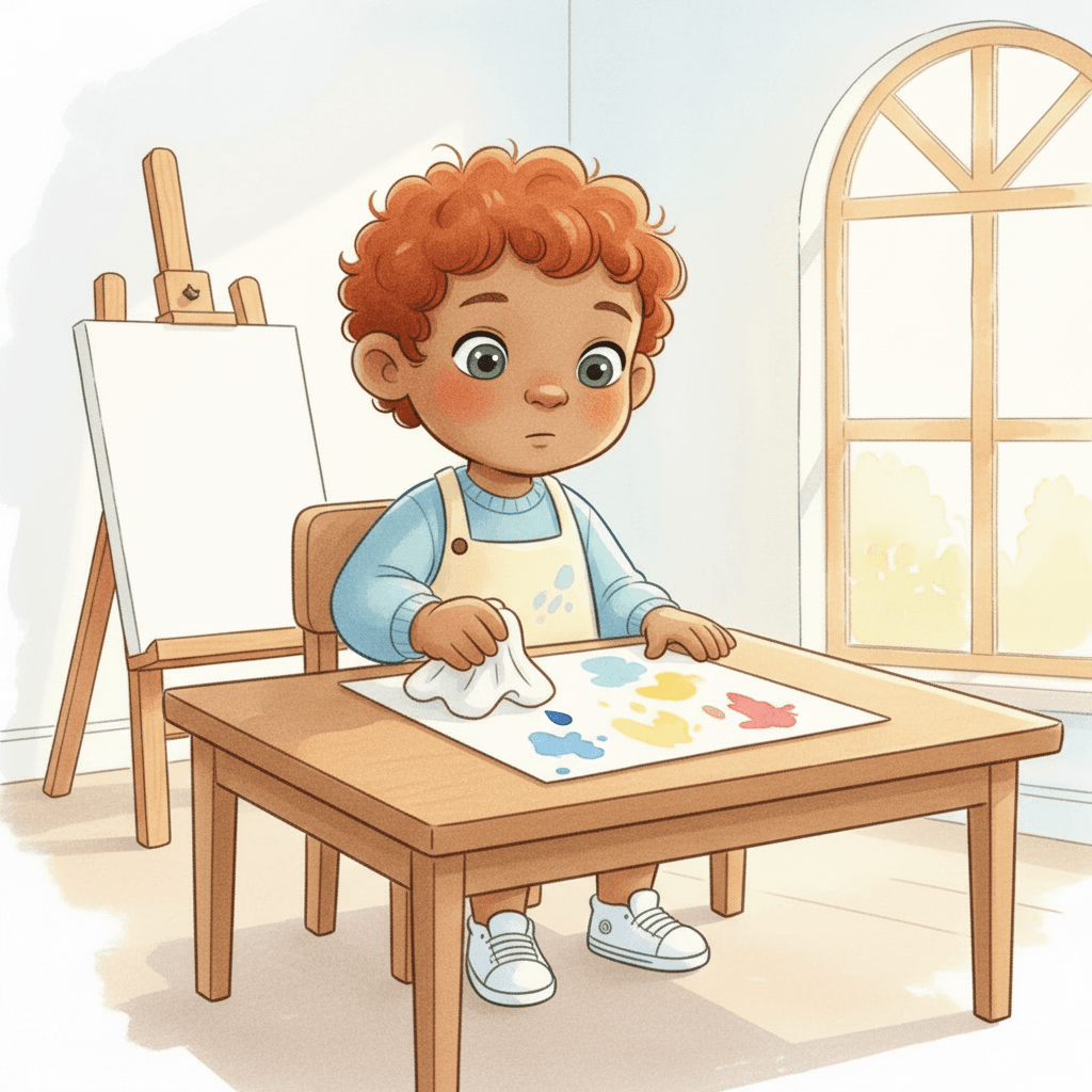 Oops! A drip goes plop. Jean looks at the drip spot. He takes a cloth and pats it. “It’s okay,” says Jean.