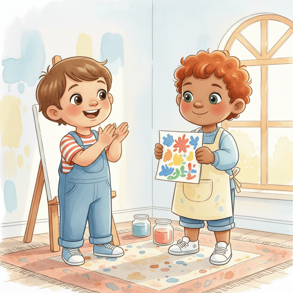 Jean shares his painting with a friend. His friend claps and smiles. Jean feels warm inside. “Thank you,” says Jean.