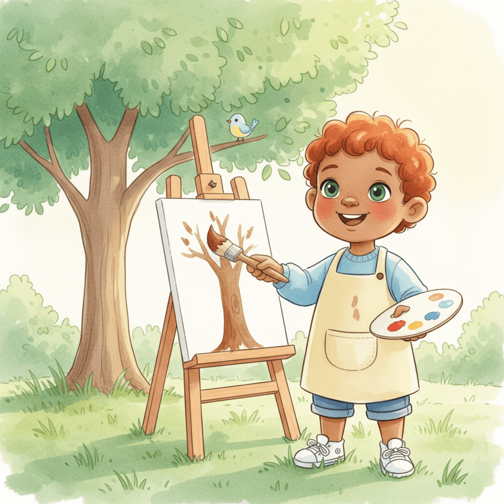Jean goes outside with his paper. He sees a tree and a little bird. He paints the tree trunk brown. “Tree!” he says.