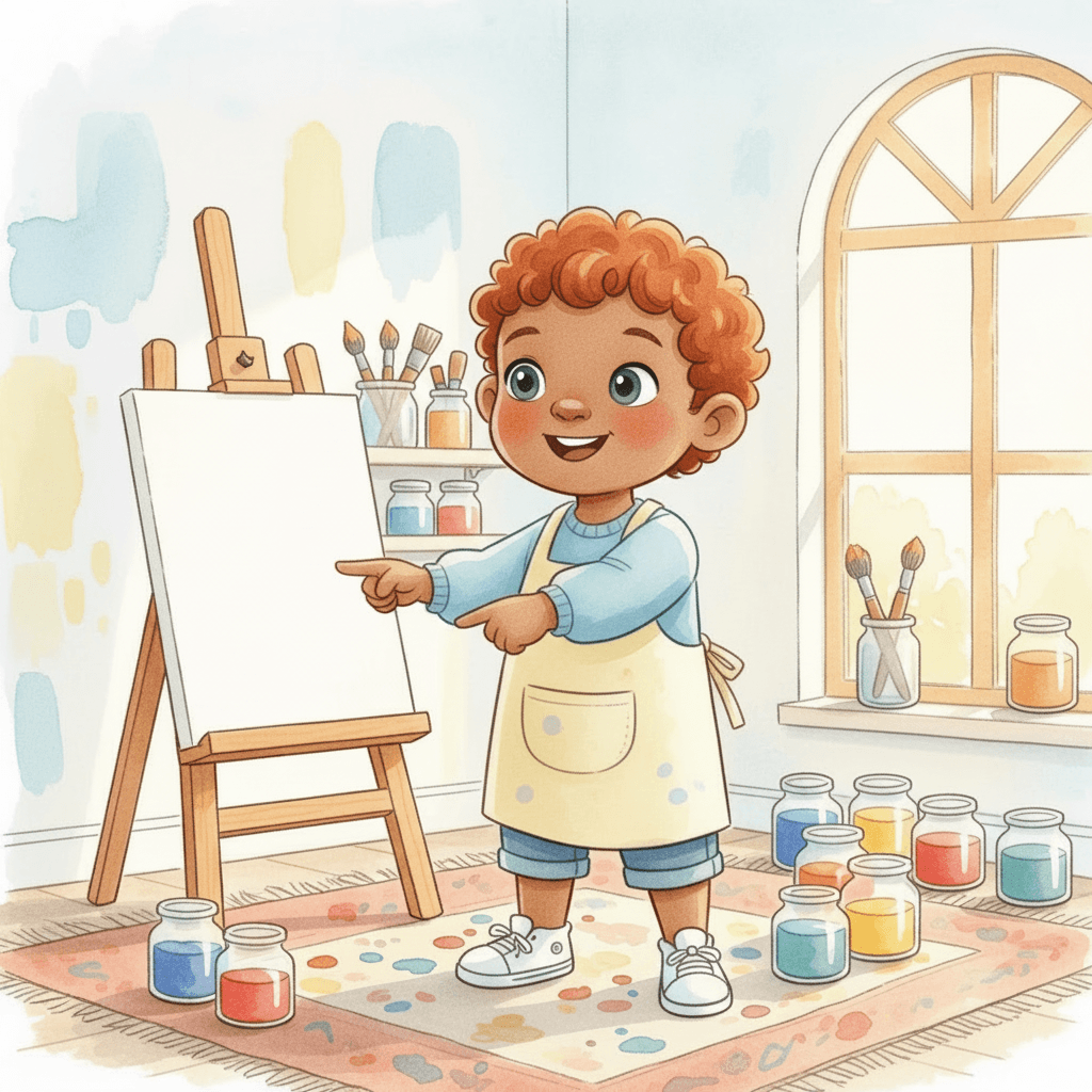 Jean is a little boy. He has red hair and green eyes. Jean wants to be a great painter. He says, “I can paint!”