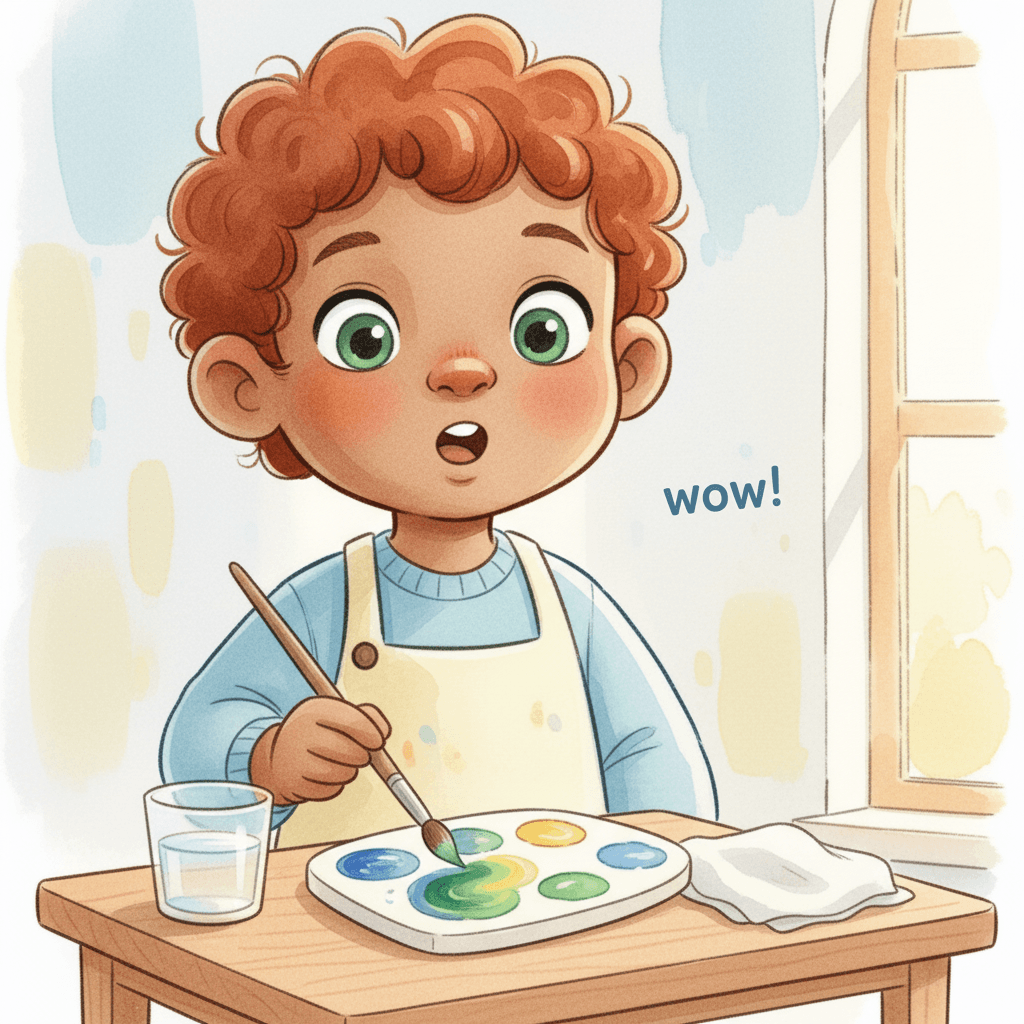 Jean wants green paint. He mixes blue and yellow. He stirs slowly and watches. “Green! Green!” he cheers.