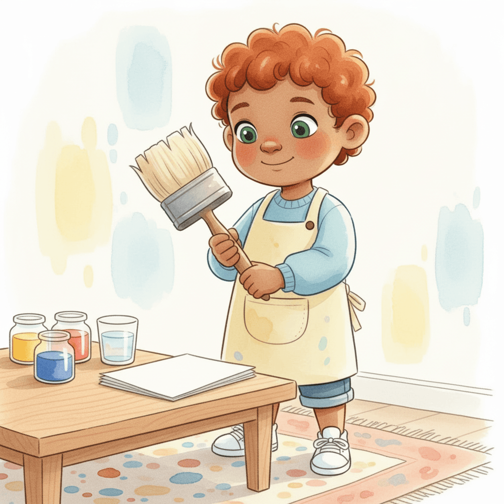 Jean gets his big paper. He puts on his paint smock. He picks up a fat brush. “Hello, brush,” he whispers.