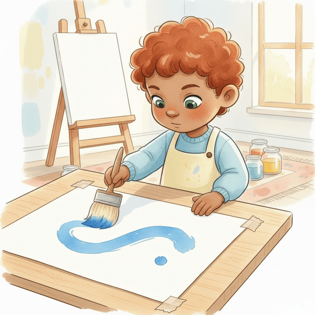 Jean dips the brush in blue. He makes one long swoosh. Then he makes a tiny dot. “Swoosh and dot!” says Jean.