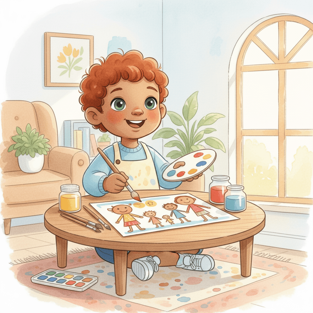 Jean paints his family. He makes big heads and tiny feet. He adds smiles for everyone. “We are happy,” says Jean.