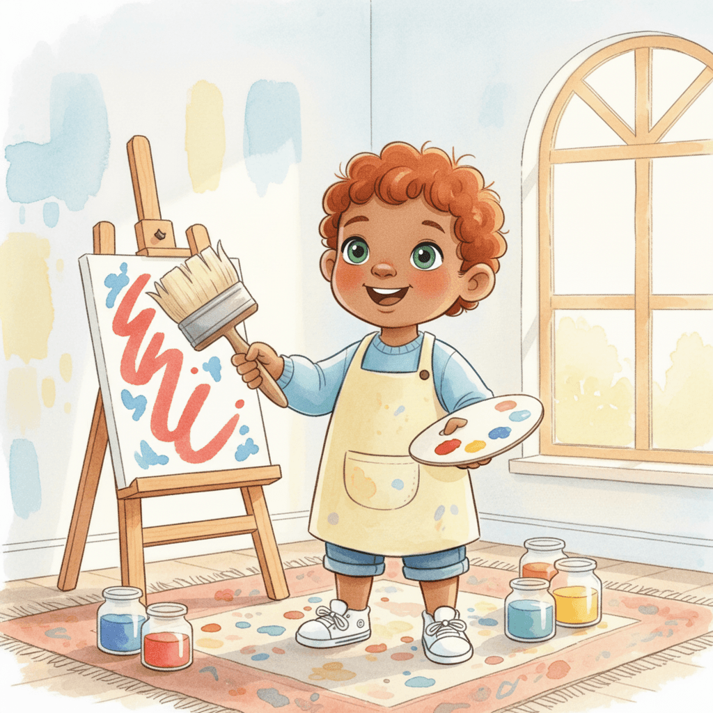 Jean tries red next. Red goes swish, swish. The red looks like a happy line. Jean giggles at his red paint.