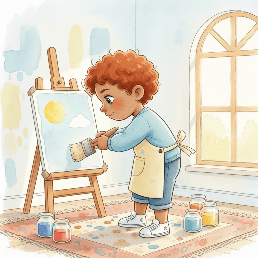 Jean paints a round sun. He paints a blue sky under it. He adds one fluffy cloud. “Sunny day,” says Jean.