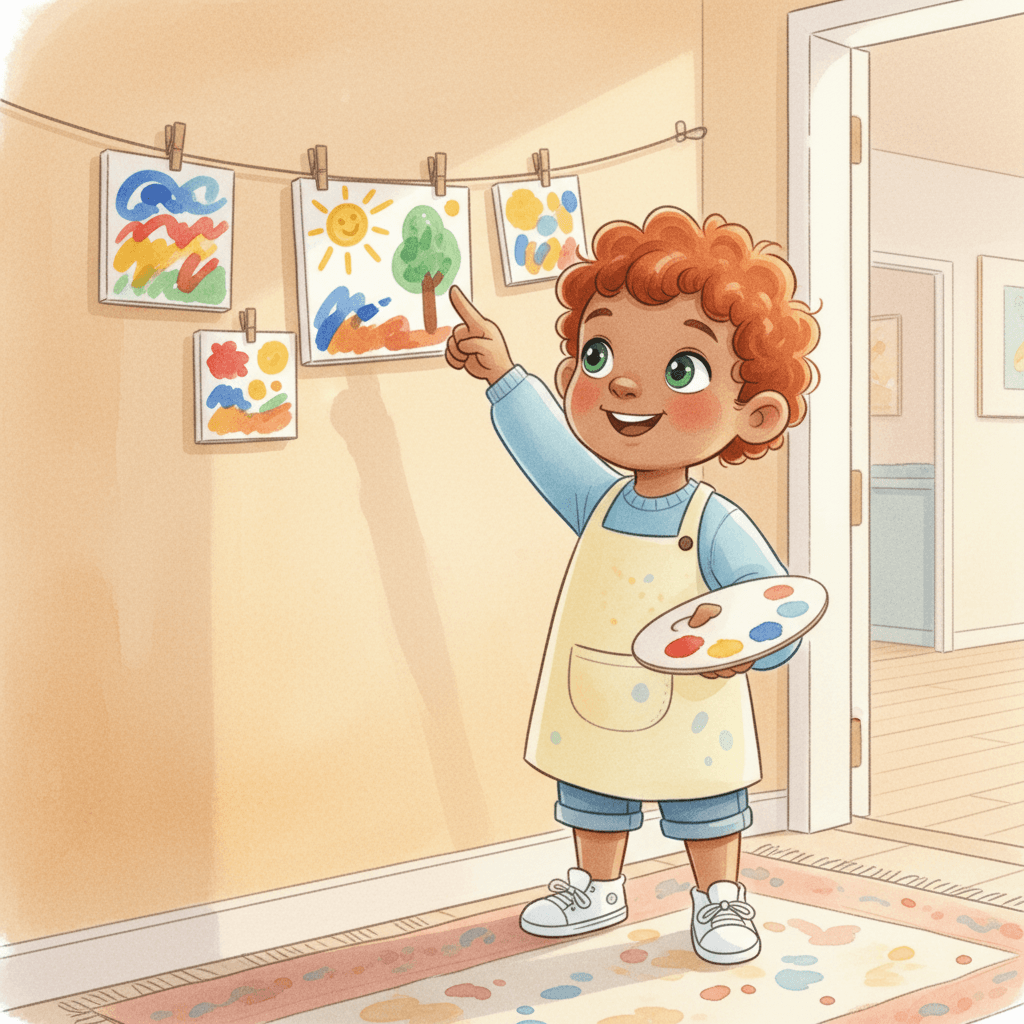 Jean hangs his art on the wall. He points and says, “I made it!” He looks at the colors again. “I can paint more,” says Jean.