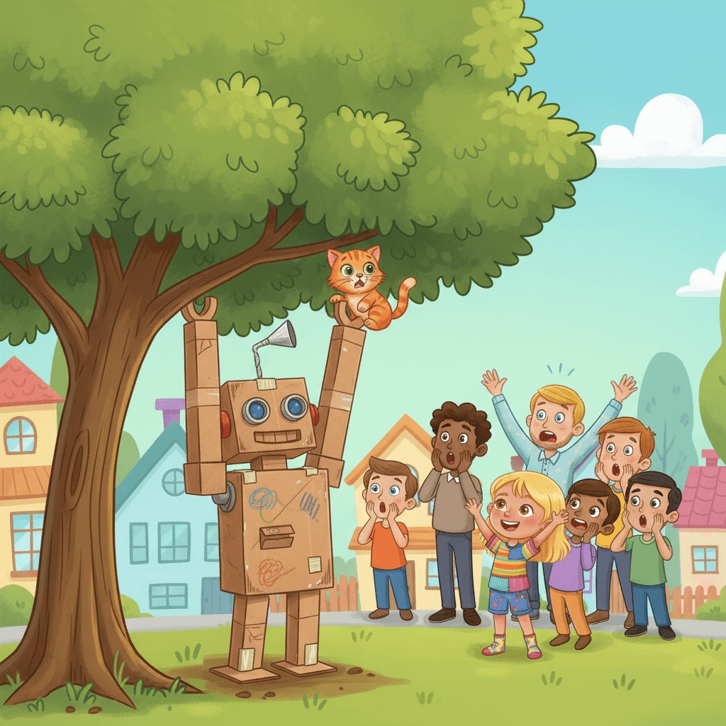 Their first adventure began when Mrs. Thompson's cat got stuck in a tall tree. Mr. Cardboard stretched his long cardboard arms and rescued the kitty!