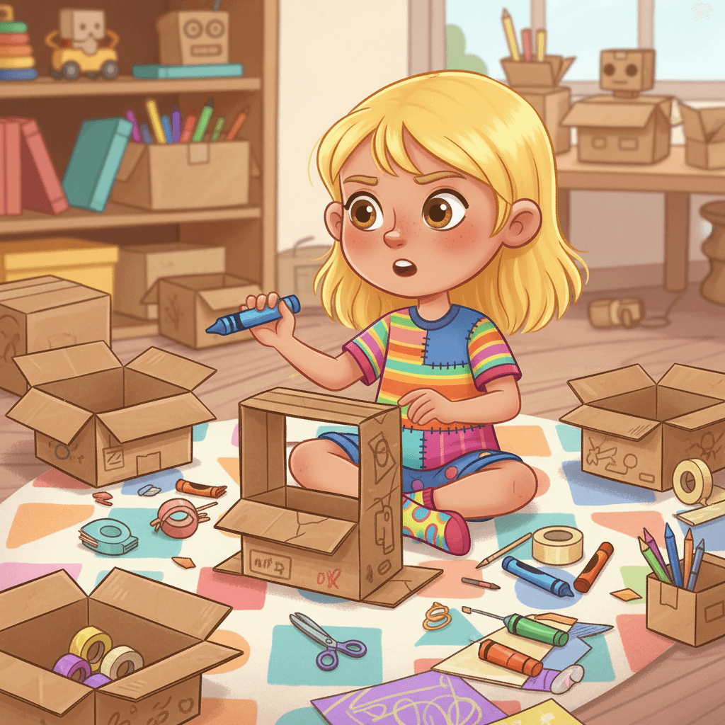 Sofia loved making things. Her room was full of boxes, tape, and imagination. One sunny afternoon, she decided to build something special.