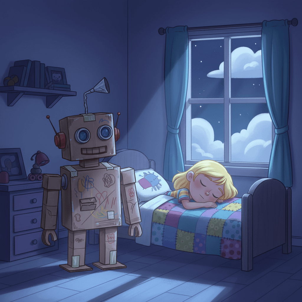 At night, Mr. Cardboard would stand guard by Sofia's bed, protecting her from monsters and keeping her safe.