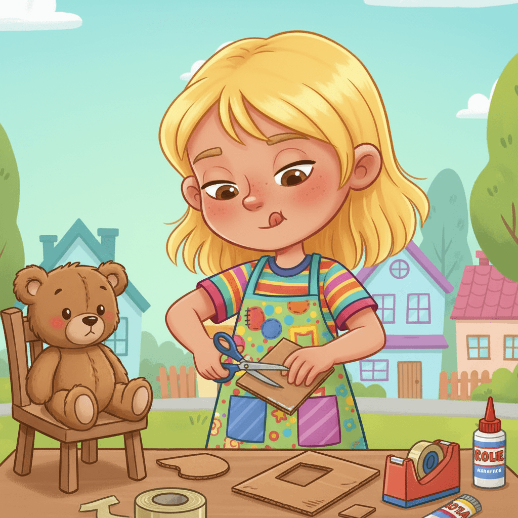 With careful cuts and creative folding, Sofia began to shape her cardboard pieces. 'This will be the most amazing robot ever!' she declared to her teddy bear.