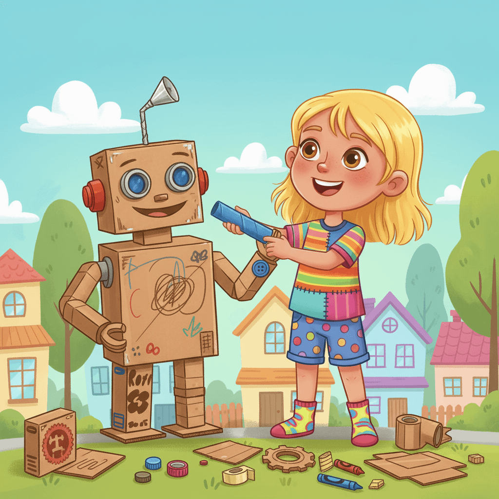 Piece by piece, her robot grew taller. Arms made from paper towel rolls, a body from a big moving box, and buttons from bottle caps.