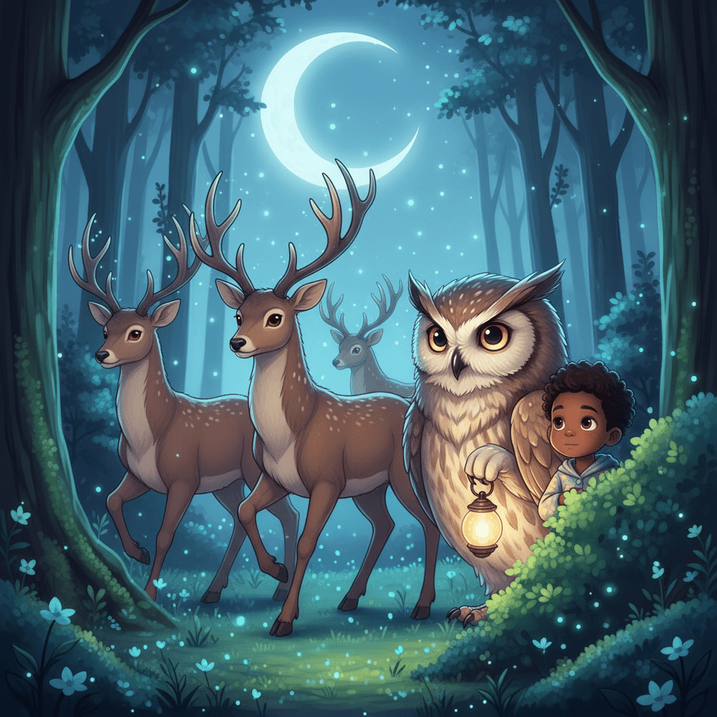 Next, they saw deer softly walking to their sleeping spot. 'They choose a safe place and move carefully,' explained the owl. 'Being gentle is also a kind of bravery.'