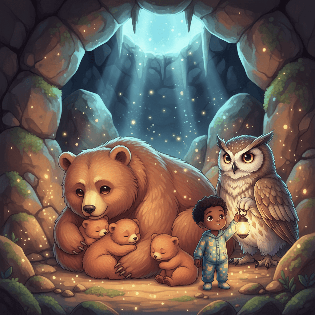 The bear family was preparing their cozy den. 'Everyone needs a comfortable place to rest,' the owl explained. 'Rest makes you powerful!'