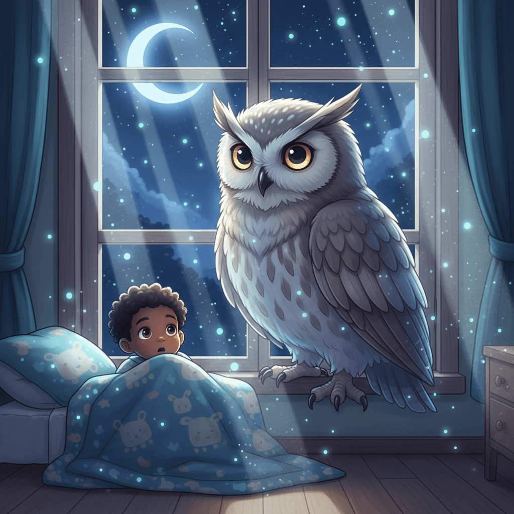 One special night, a magical owl with silvery feathers and kind eyes appeared at John's window. 'Are you ready for a special adventure?' the owl whispered.