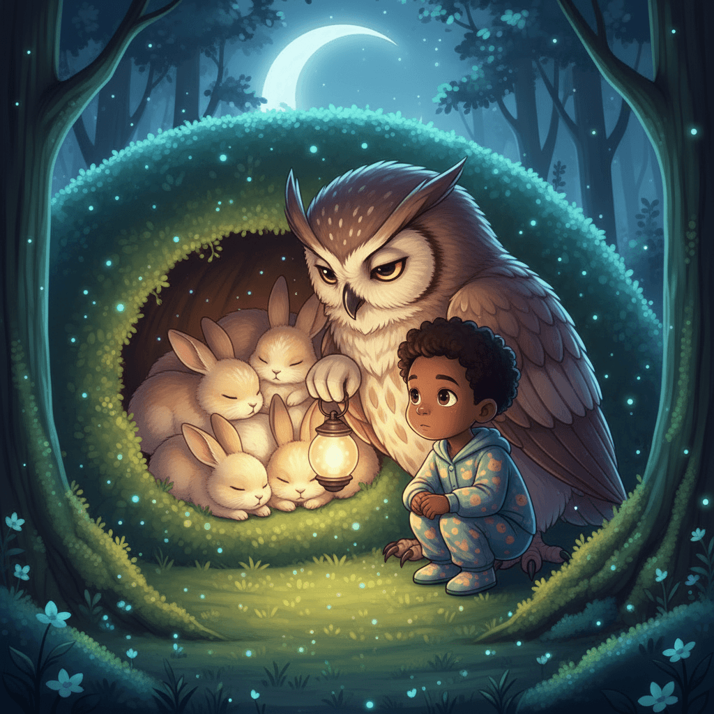First, they visited the baby rabbits. 'See how they cuddle together?' the owl said. 'Snuggling helps them feel safe and warm before bedtime.'