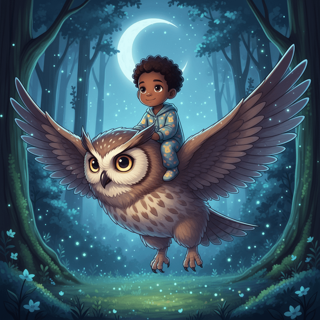 John and the owl flew silently through the dark forest. Everything was quiet, but the owl explained, 'Night is when many animals get ready for sleep - just like you!'