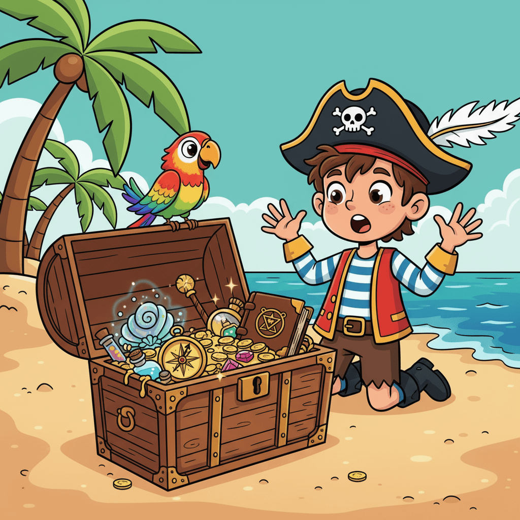 The chest was filled with the most wonderful things! There were shiny seashells, a beautiful compass, and a special pirate's journal. Matteo's eyes sparkled with excitement.