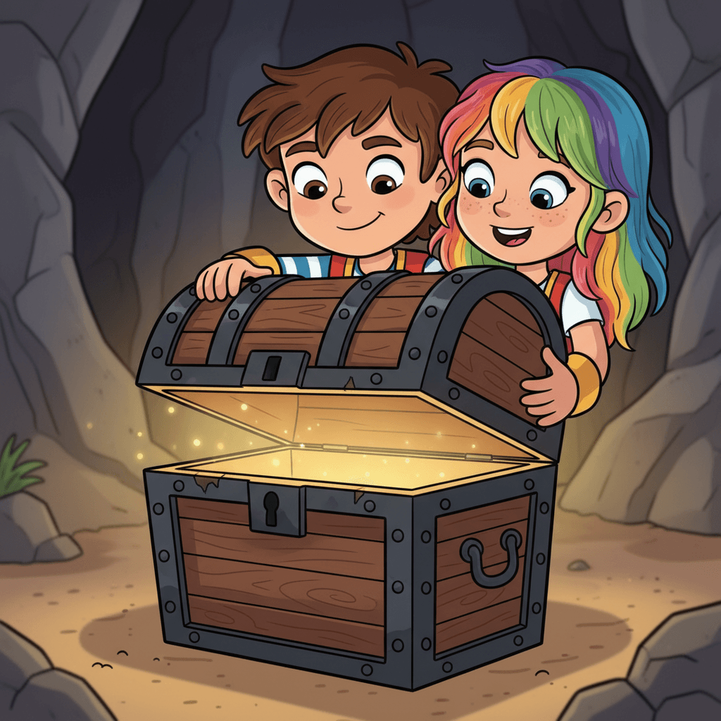 Inside the cave, Matteo discovered an old wooden chest. It was covered in sparkly moss and looked very old. With careful hands, he slowly opened the treasure chest.